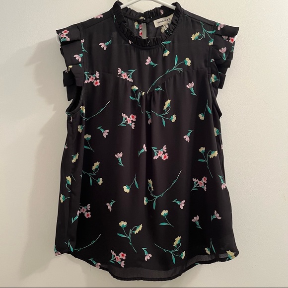 Monteau Black Floral Blouse with Ruffle Neck and Shoulder Details size S - Picture 1 of 7